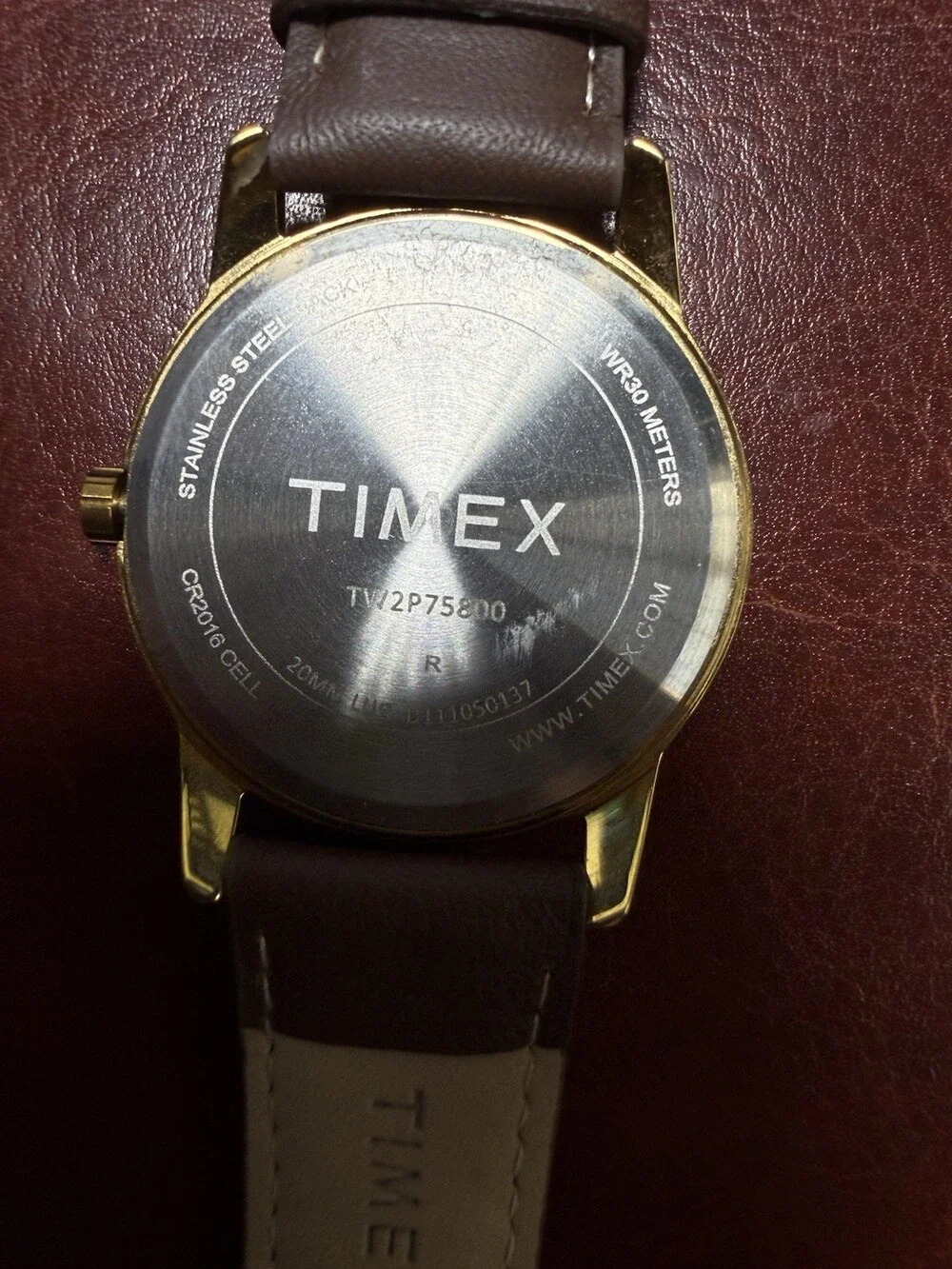 Timex Indiglo Quartz Date 30M Gold Tone Stainless Case White Dial Brown Leather